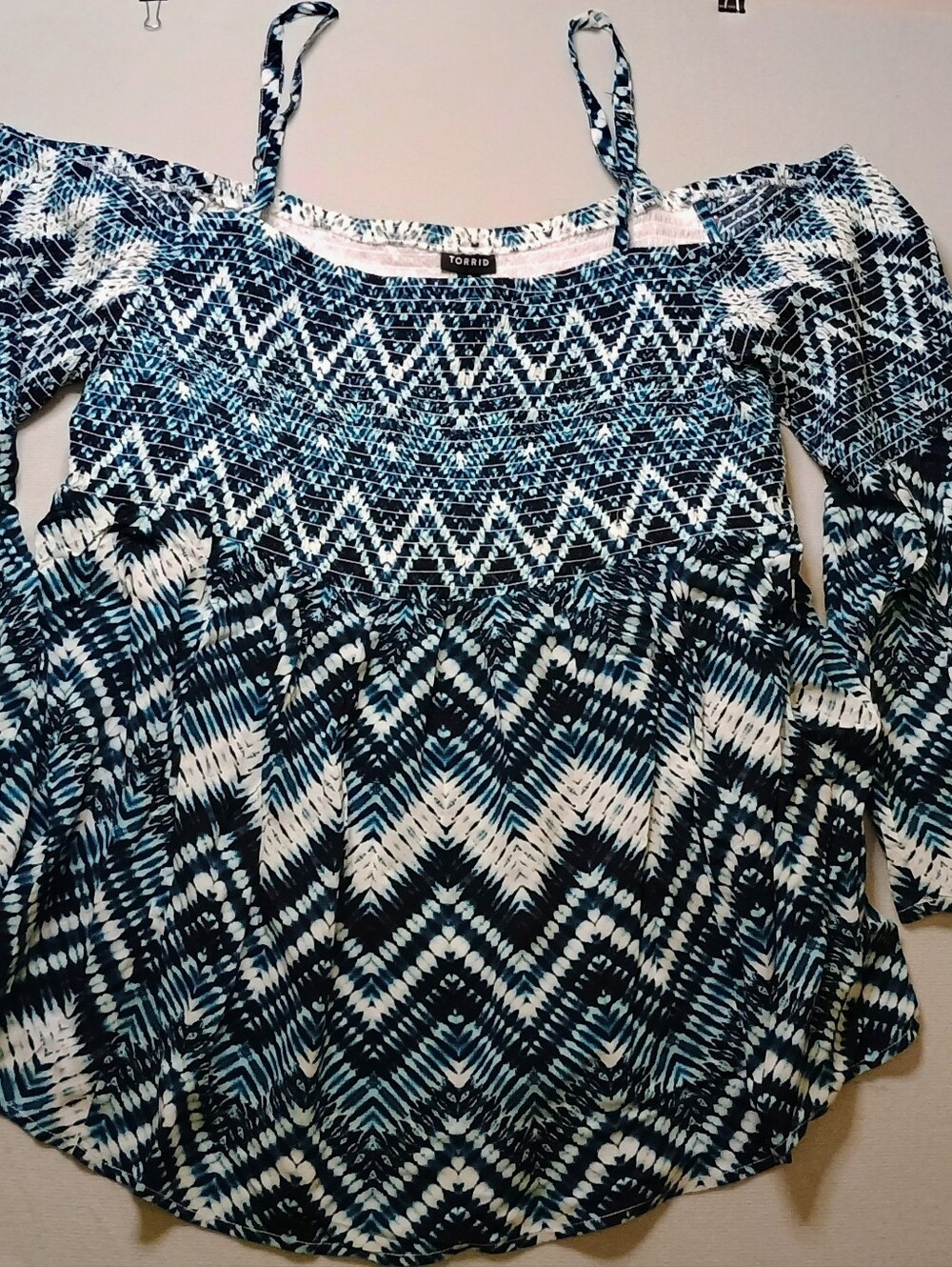 torrid Navy, White and Teal Off-Shoulder Smocked Tunic